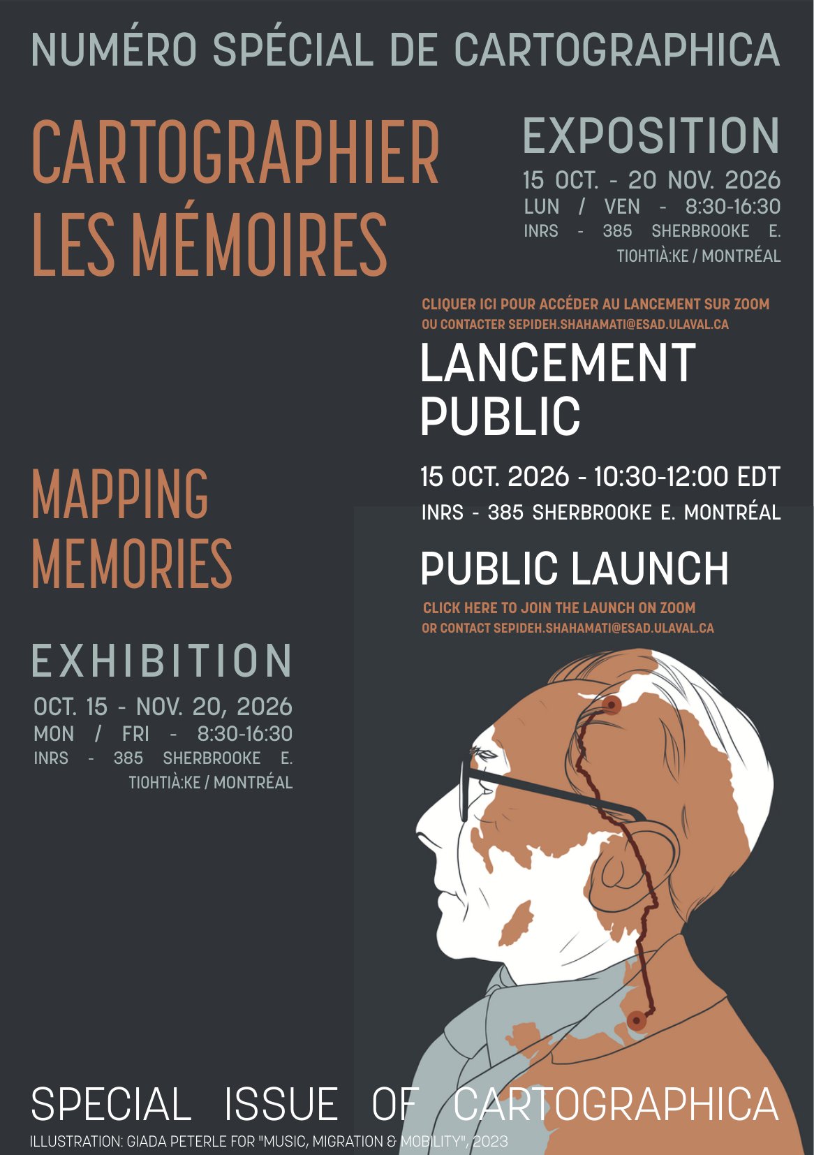 Flyer for the Mapping Memories special issue of Cartographica: public launch on 15 October 2026, 10:30–12:00 EDT, and exhibition from 15 October to 20 November 2026 at INRS, 385 Sherbrooke East, Tiohtià:ke / Montréal